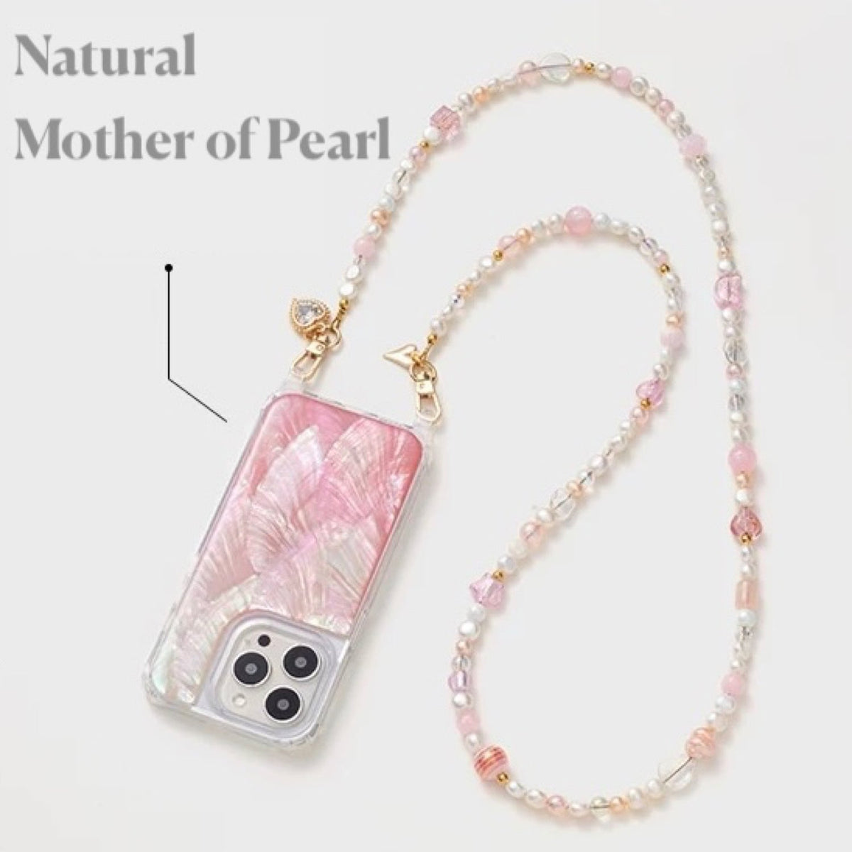 Iridescent Mother-of-Pearl Luxe Phone Case Natural Pearl Chain Pink