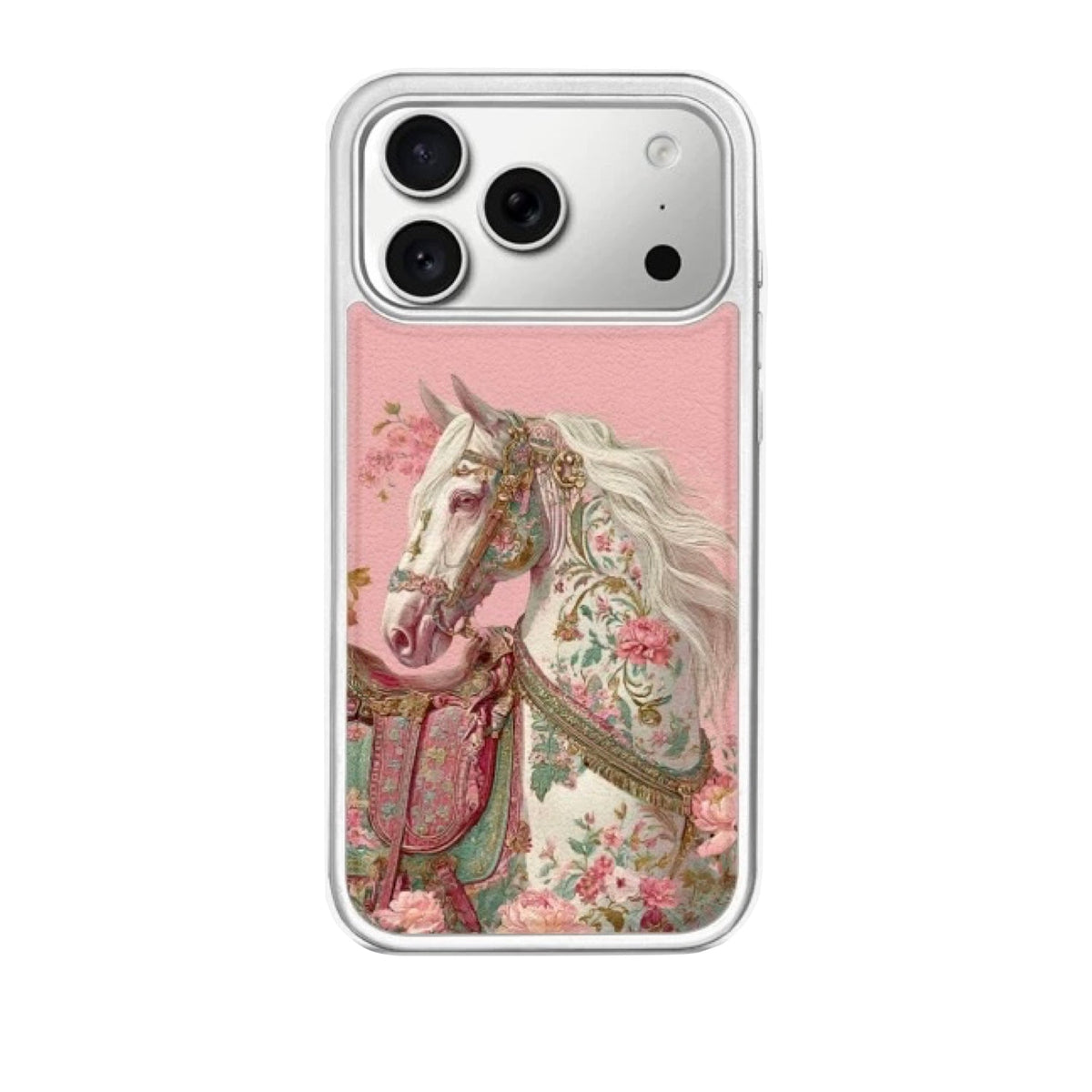 Phone case with a decorative horse design on a pink background