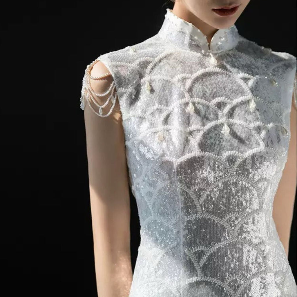 Embellished Elegant Pearl Dress In White