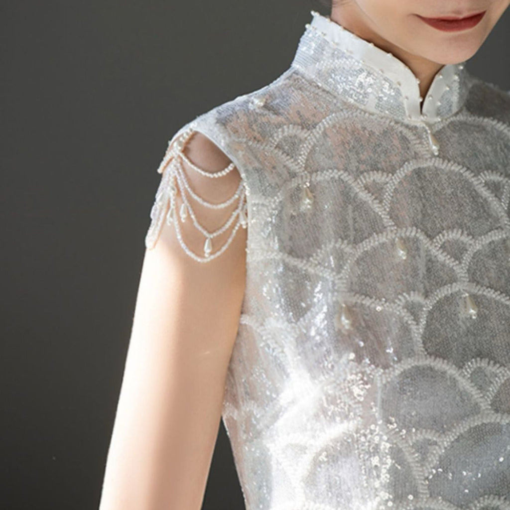 Embellished Elegant Pearl Dress In White