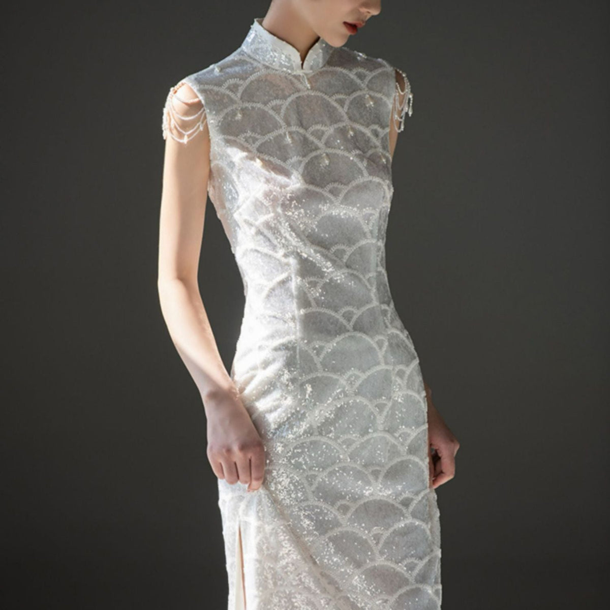 Embellished Elegant Pearl Dress In White