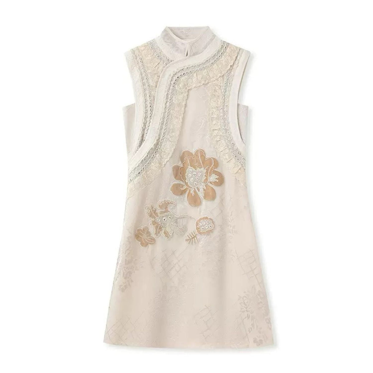 Beige Embroidered Floral Collar Vest & Skirt Co-Ord Set