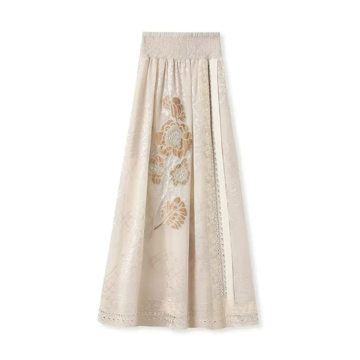 Beige Embroidered Floral Collar Vest & Skirt Co-Ord Set
