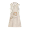 Embroidery Flower Collared Long Vest Top