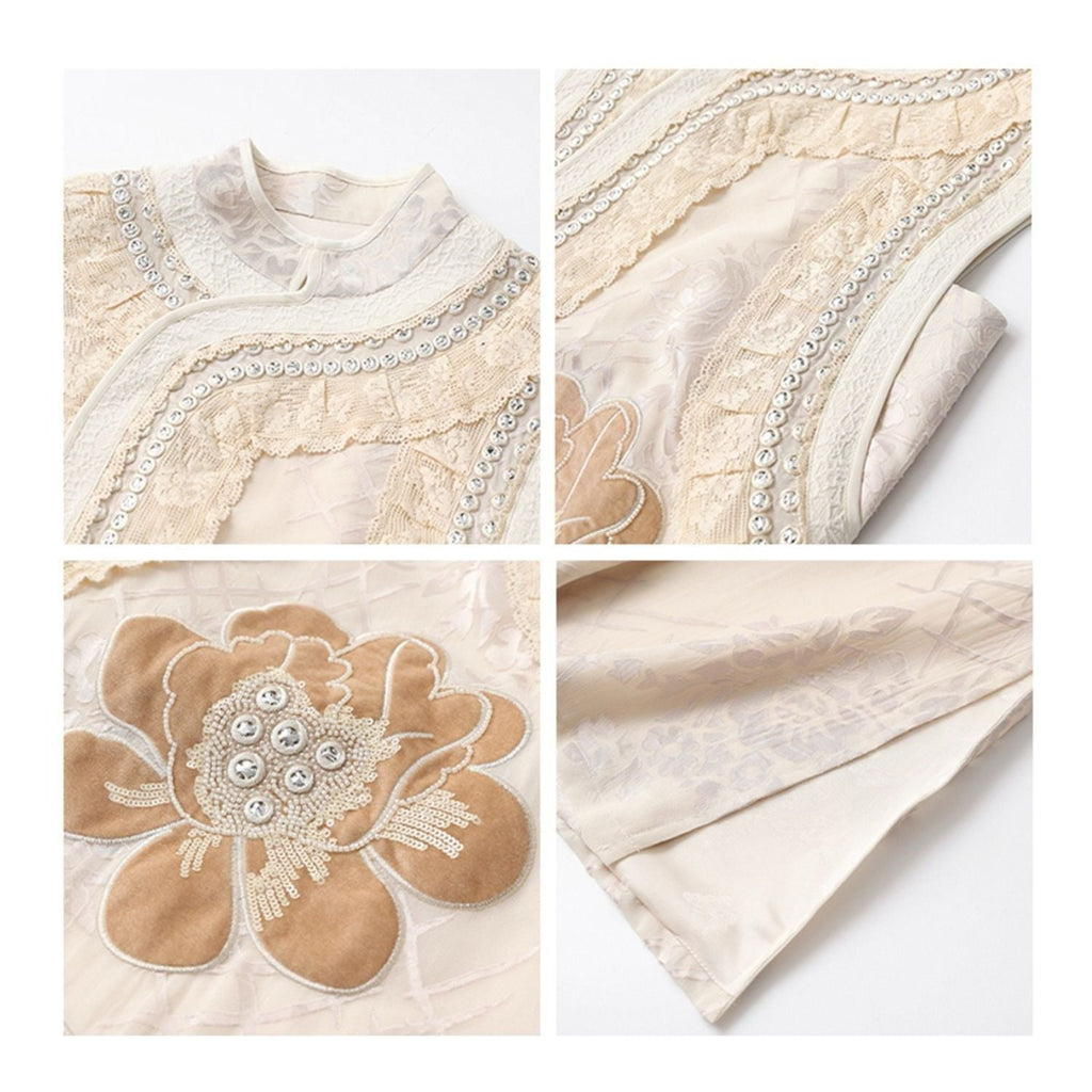 Beige Embroidered Floral Collar Vest & Skirt Co-Ord Set