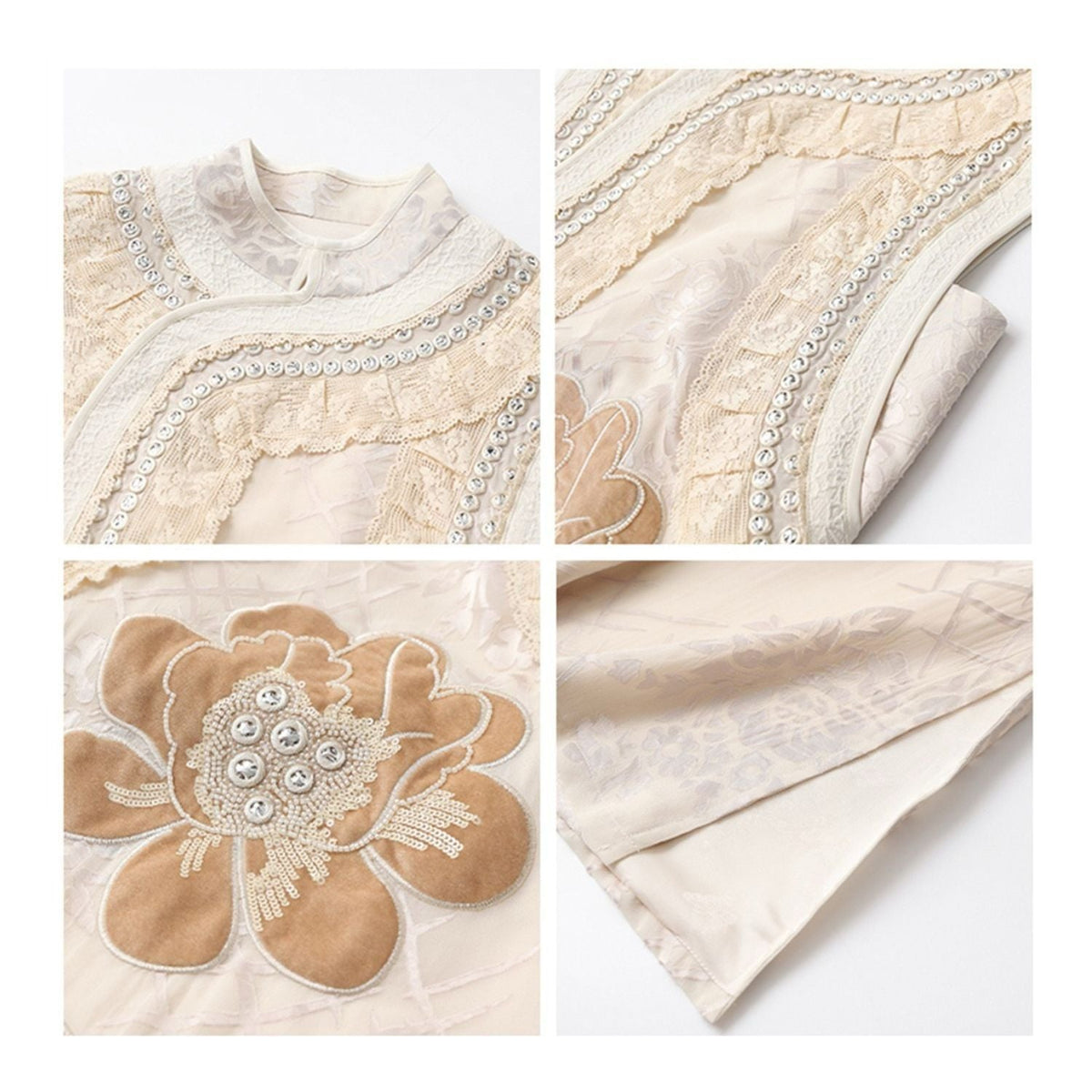 Beige Embroidered Floral Collar Vest & Skirt Co-Ord Set