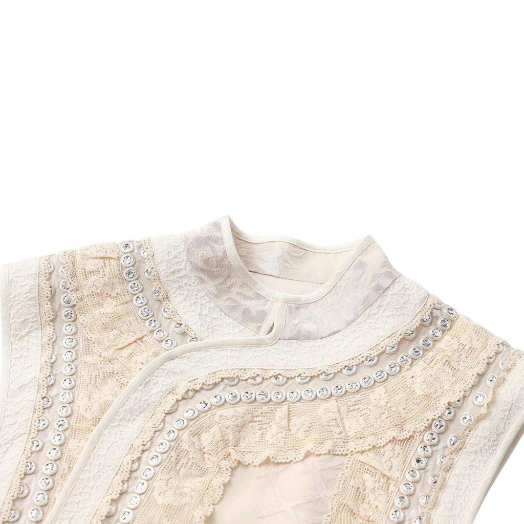 Beige Embroidered Floral Collar Vest & Skirt Co-Ord Set