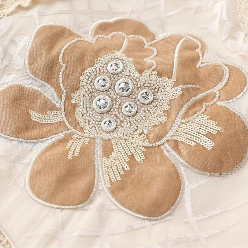 Beige Embroidered Floral Collar Vest & Skirt Co-Ord Set