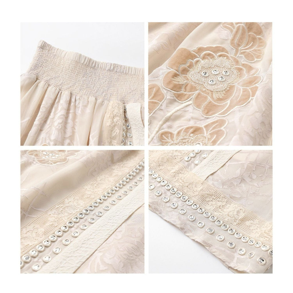 Beige Embroidered Floral Collar Vest & Skirt Co-Ord Set