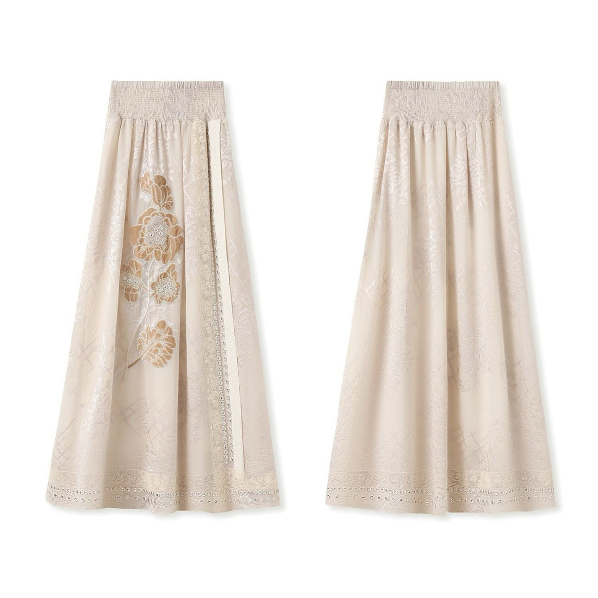 Beige Embroidered Floral Collar Vest & Skirt Co-Ord Set