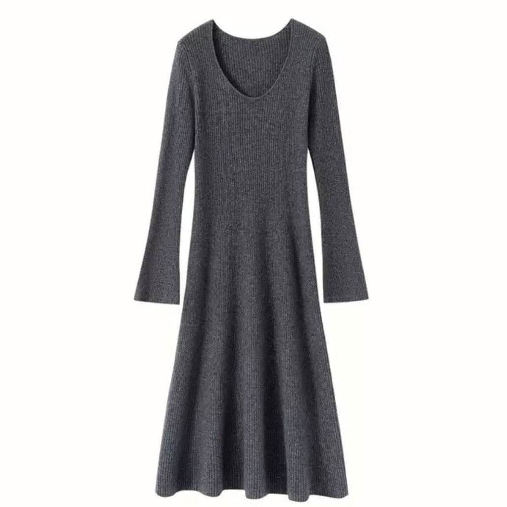 Cashmere Slim-fit Versatile Mid-length Skirt and Stretch Sweater Dress Lavender Dark Grey