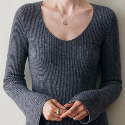 Cashmere Slim-fit Versatile Mid-length Skirt and Stretch Sweater Dress Lavender Dark Grey