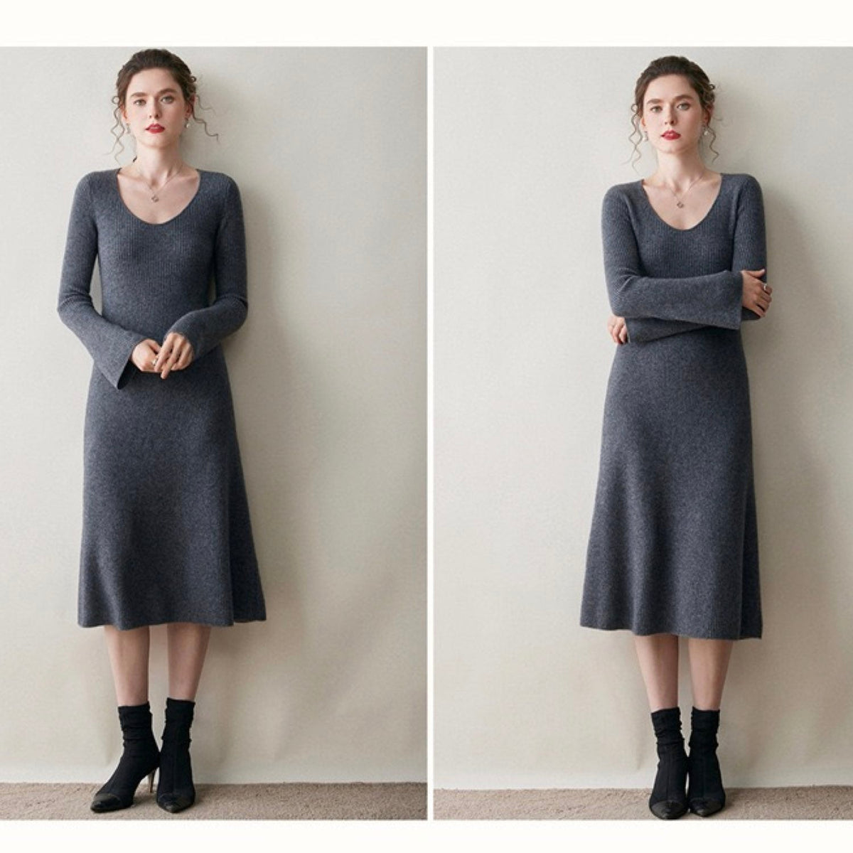 Cashmere Slim-fit Versatile Mid-length Skirt and Stretch Sweater Dress Lavender Dark Grey