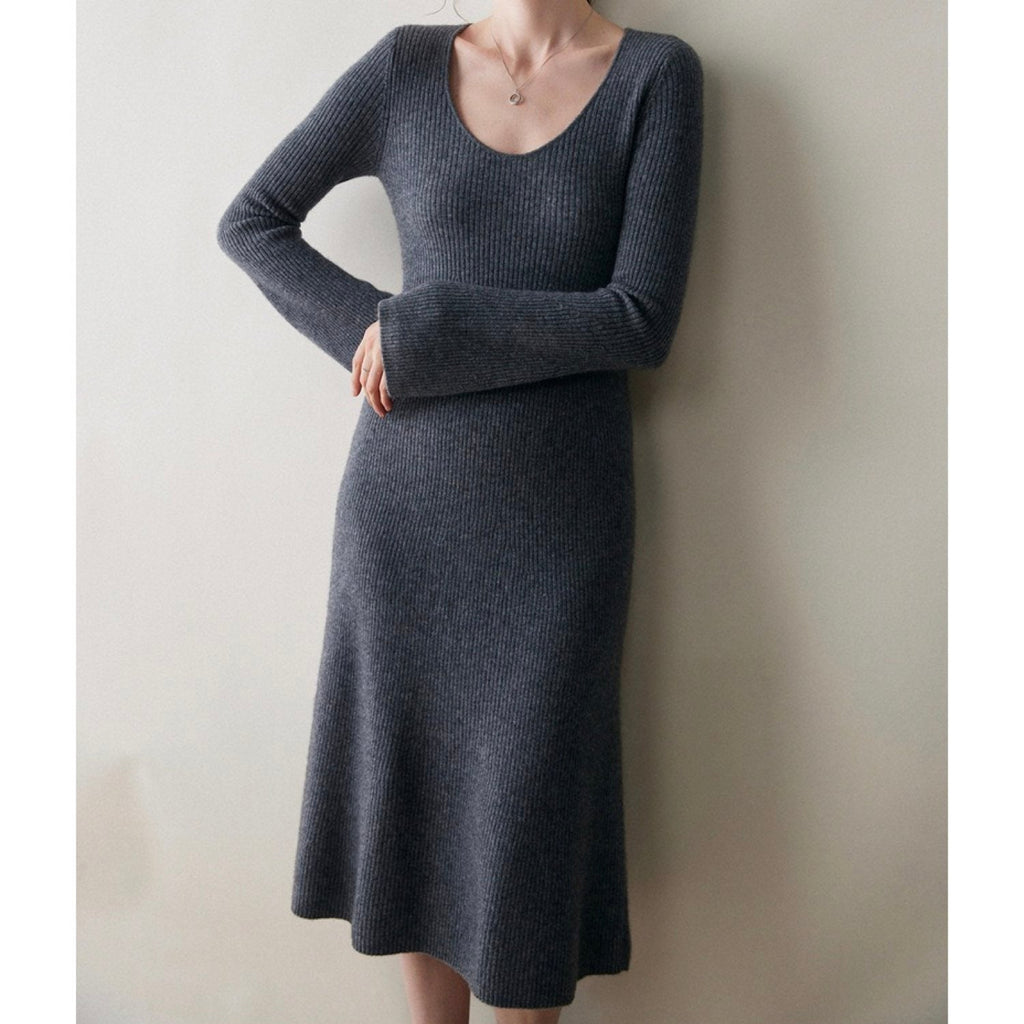 Cashmere Slim-fit Versatile Mid-length Skirt and Stretch Sweater Dress Lavender Dark Grey
