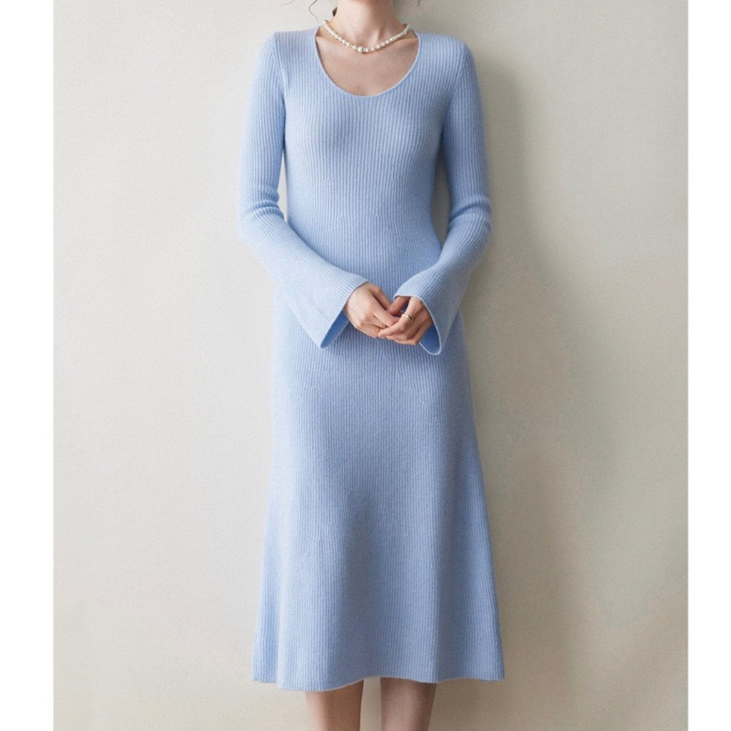 Cashmere Slim-fit Versatile Mid-length Skirt and Stretch Sweater Dress Lavender Blue