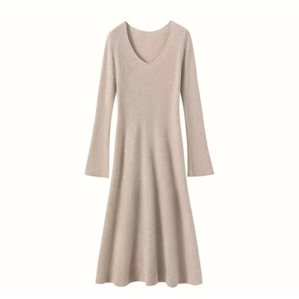 Cashmere Slim-fit Versatile Mid-length Skirt and Stretch Sweater Dress Cream