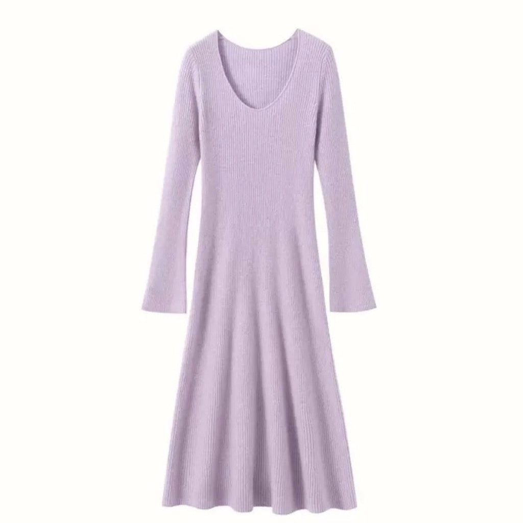 Cashmere Slim-fit Versatile Mid-length Skirt and Stretch Sweater Dress Lavender Purple