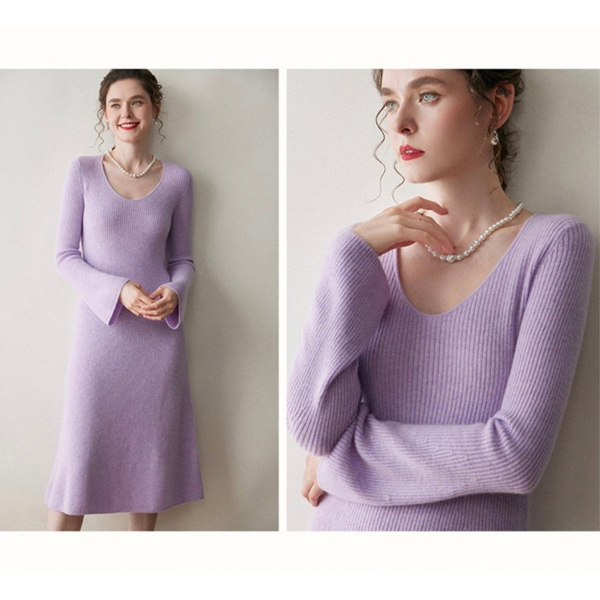 Cashmere Slim-fit Versatile Mid-length Skirt and Stretch Sweater Dress Lavender Purple