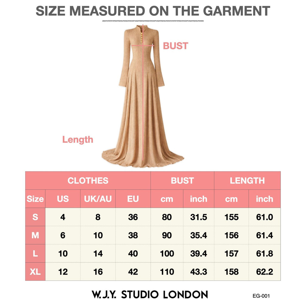 Beige evening gown with size chart on a white background