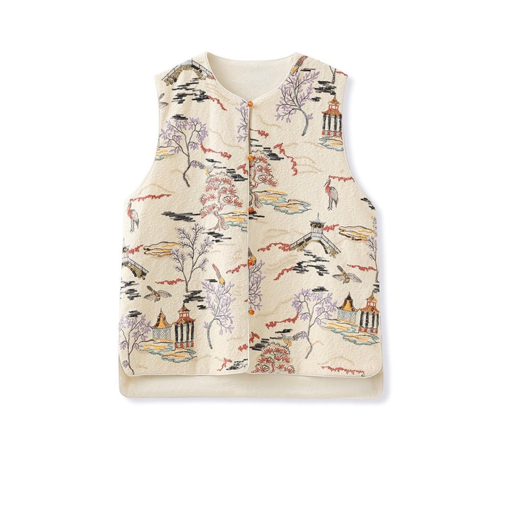 Embroidered Oriental Style Painting Stitching Vest Cream Yellow