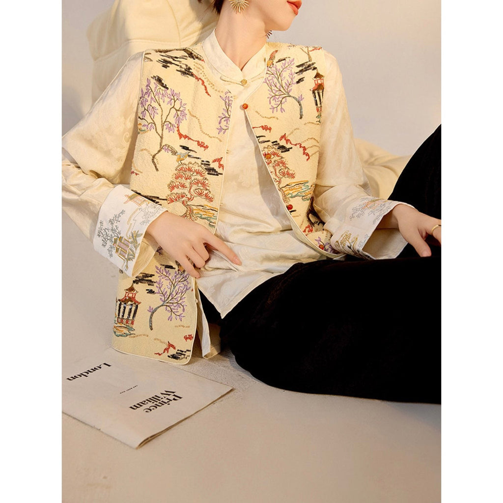 Embroidered Oriental Style Painting Stitching Vest Cream Yellow