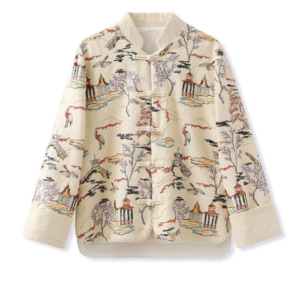 Embroidered Oriental Style Painting Stitching Short Coat All Seasons