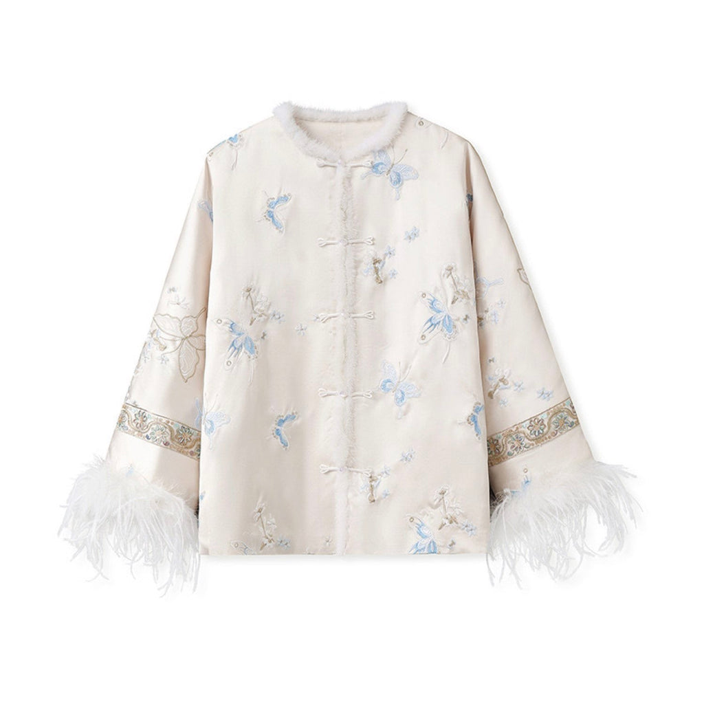 Embroidered Jacket White Stylish Stitching Autumn Winter