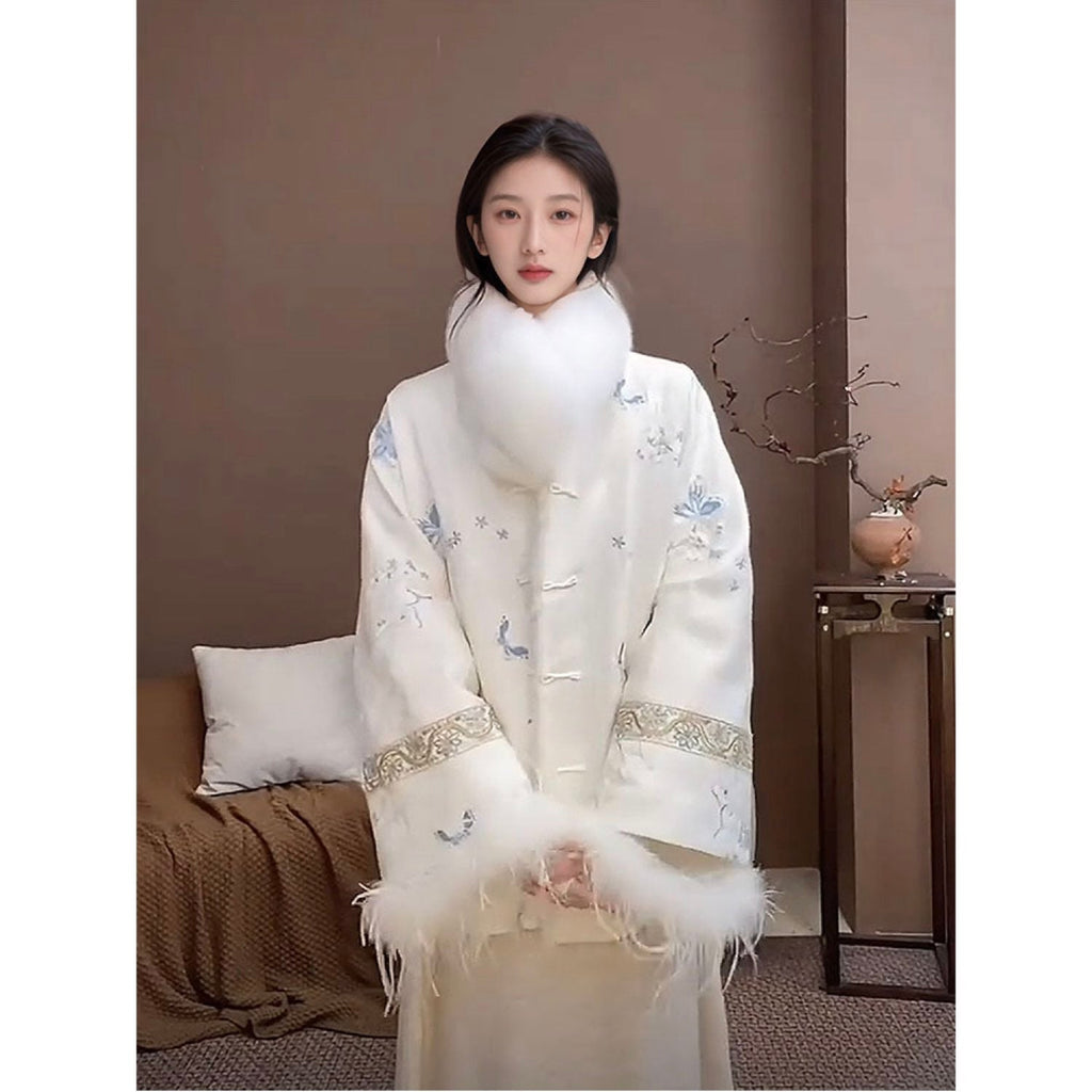 Embroidered Jacket White Stylish Stitching Autumn Winter