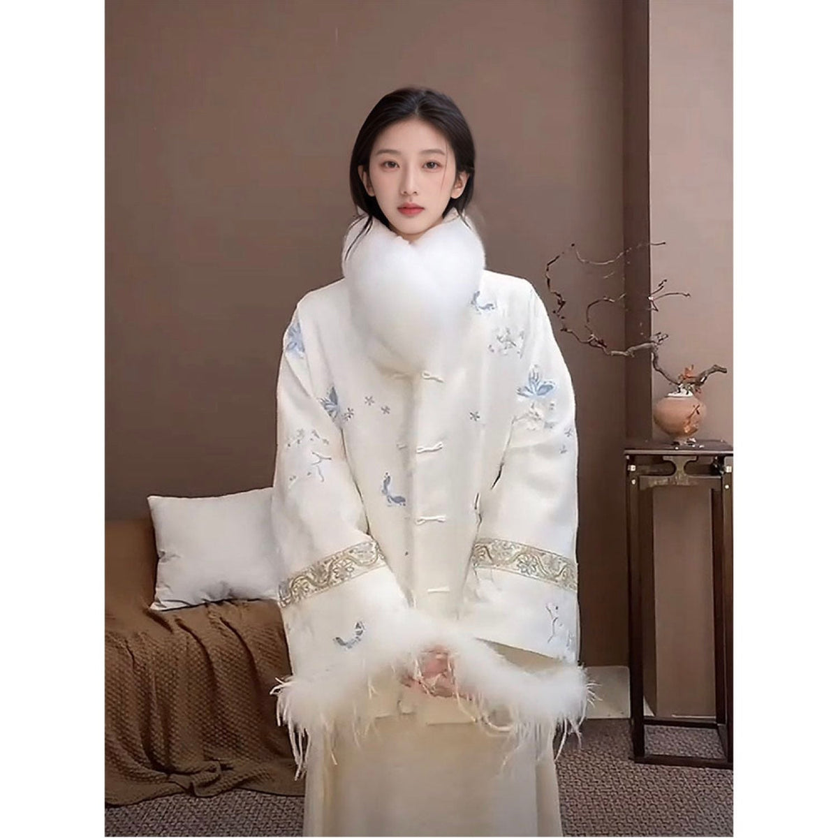Embroidered Jacket White Stylish Stitching Autumn Winter