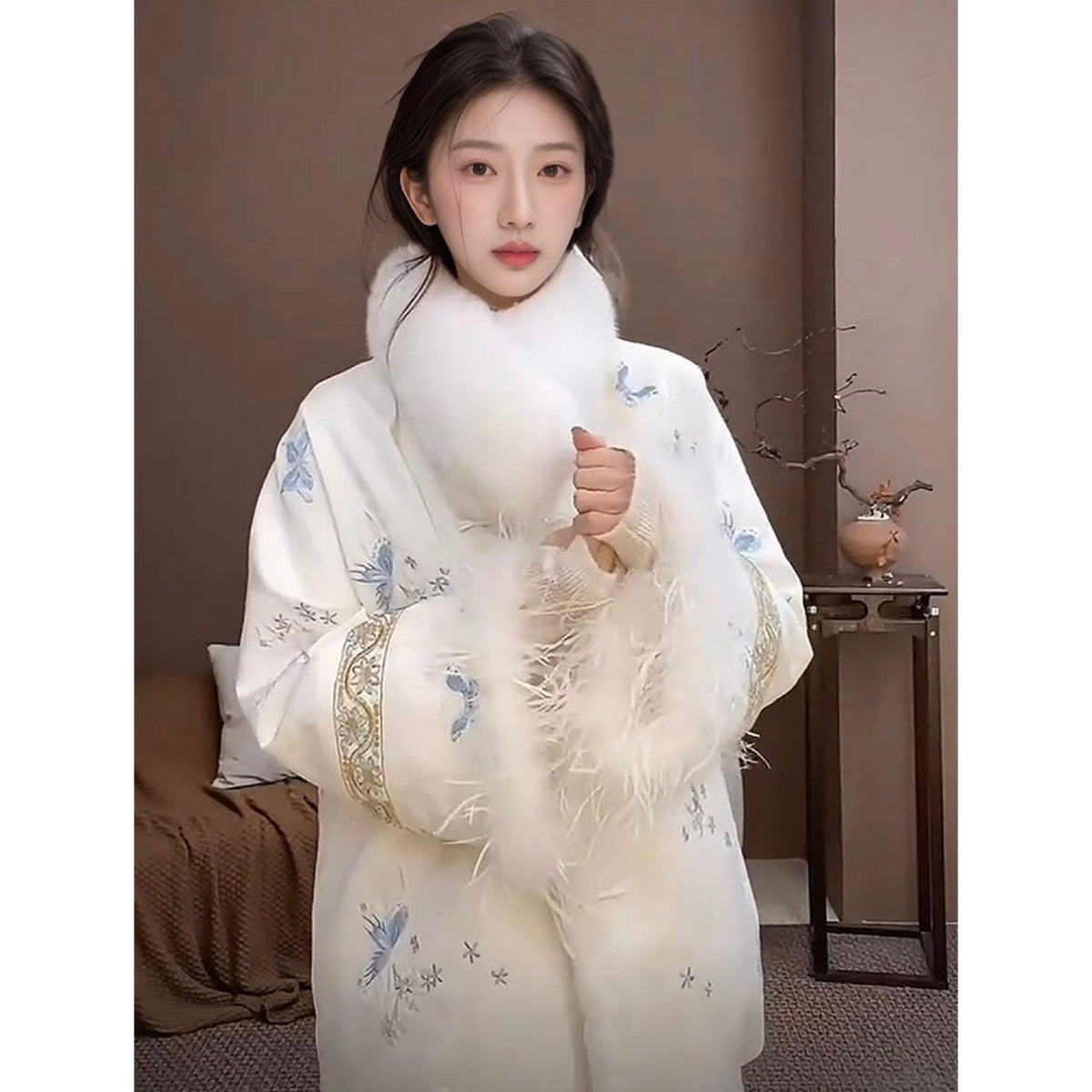 Embroidered Jacket White Stylish Stitching Autumn Winter