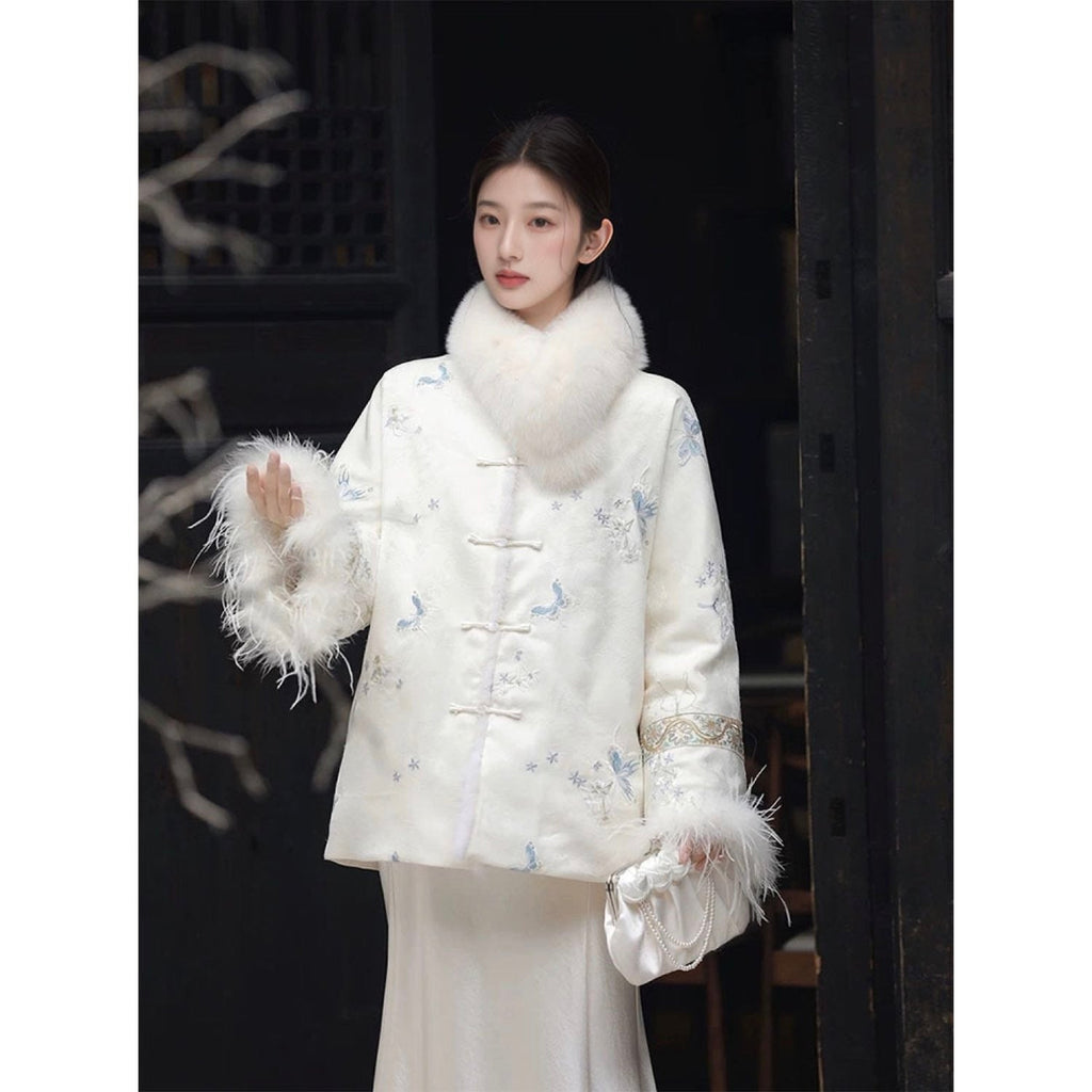 Embroidered Jacket White Stylish Stitching Autumn Winter